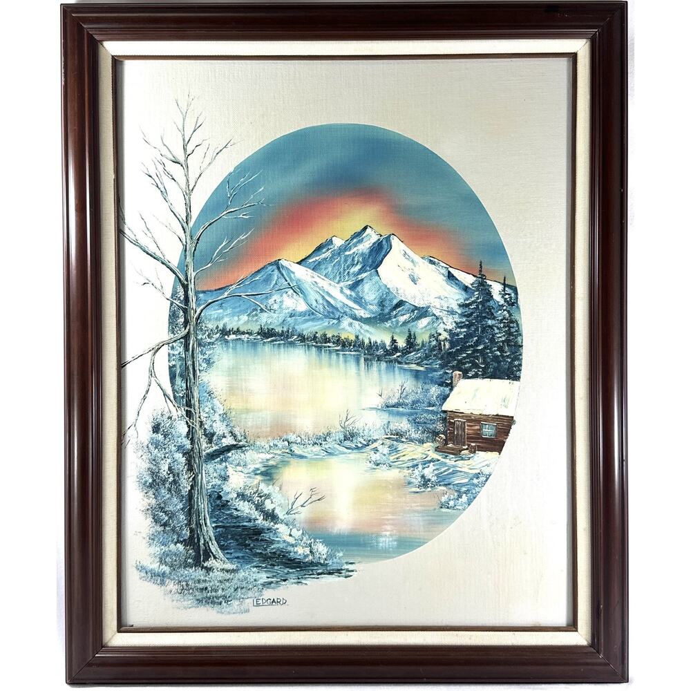 Oil Painting Winter At Dawn Cabin On Pond Signed Margaret Peggy Ledgard 1988 - Picture 3 of 10